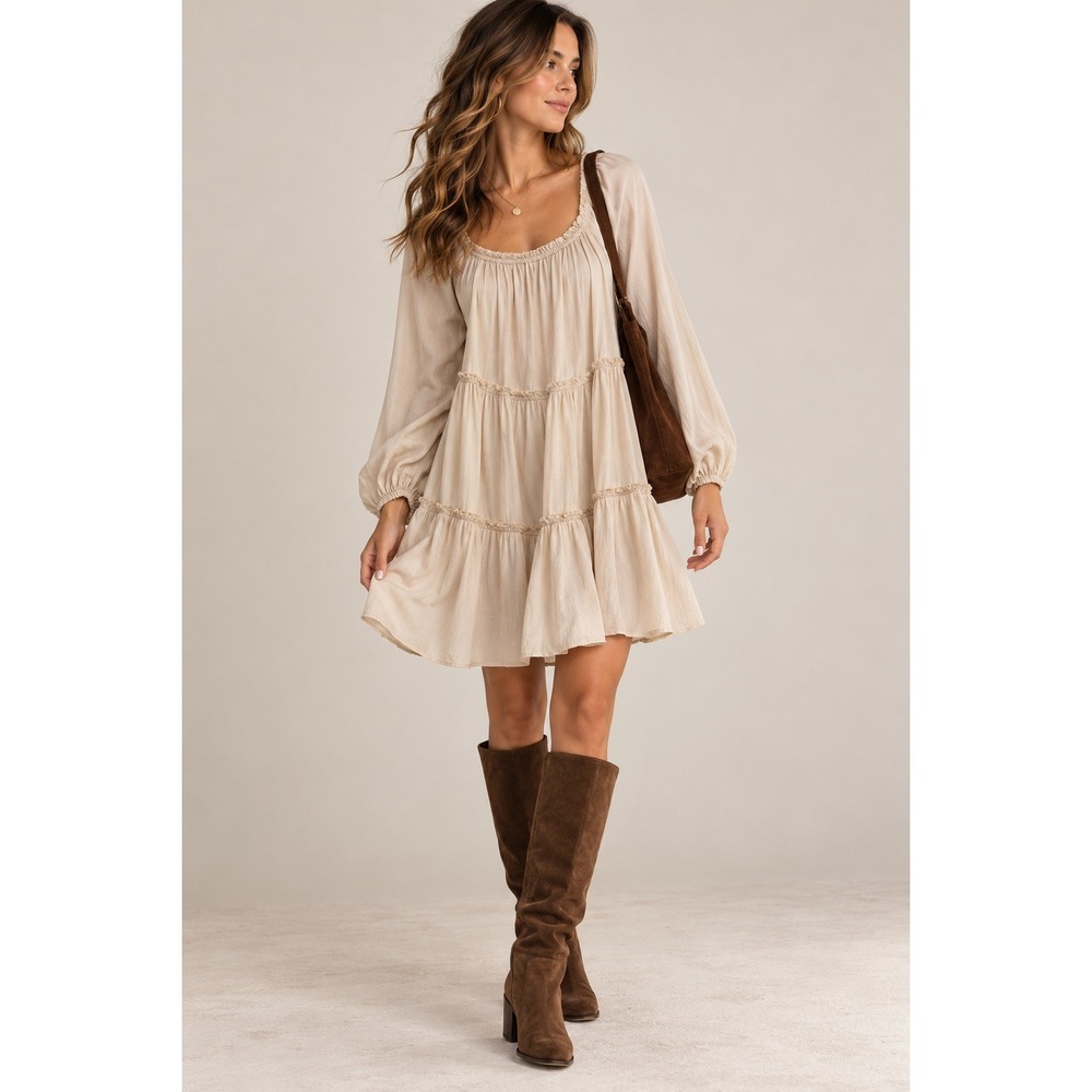 Gilli Cream Long Sleeve Tiered Mini Dress MD3401G Square Neck Boho Rayon Small